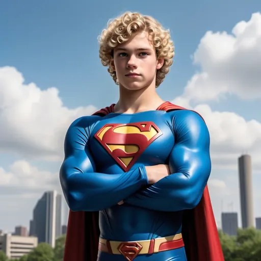 Prompt: photorealistic picture of a 17 year old muscular blond boy with curly hair, wearing a superman outfit, floating outside above the ground with arms crossed
