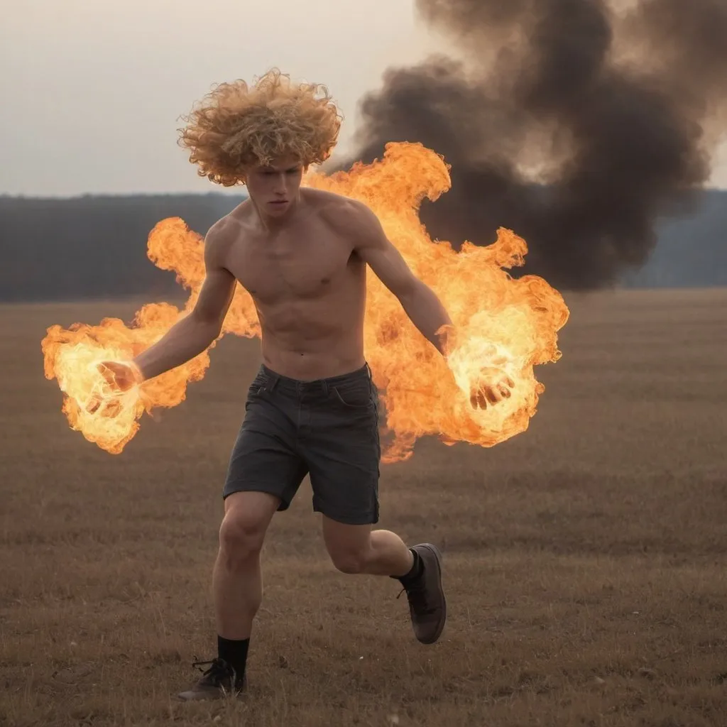 Prompt: photorealistic action shot of pyrokinetic; human on fire; flaming; burning; surrounding; flowing over; 18 year old boy; blond flaming curly hair; smoke; muscular; smoke; flame; burning; surrounding; fireball hands; smoke; wind; field of view 
