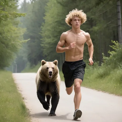 Prompt: action shot photorealistic side view of a blond curly haired bare chested  muscular 16 year old man jogging  with black bear

