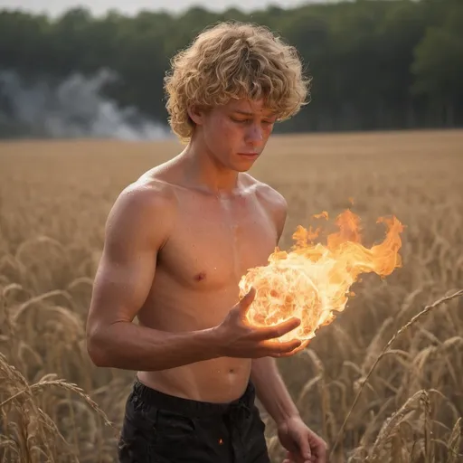Prompt: photorealistic action shot of pyrokinetic; sweaty; human on fire; flaming; burning; surrounding; flowing over; 18 year old boy; blond flaming curly hair; smoke; muscular; smoke; throwing; holding; flame; burning; surrounding; fireball hands; smoke; wind; cornfield; wet skin; field of view 

