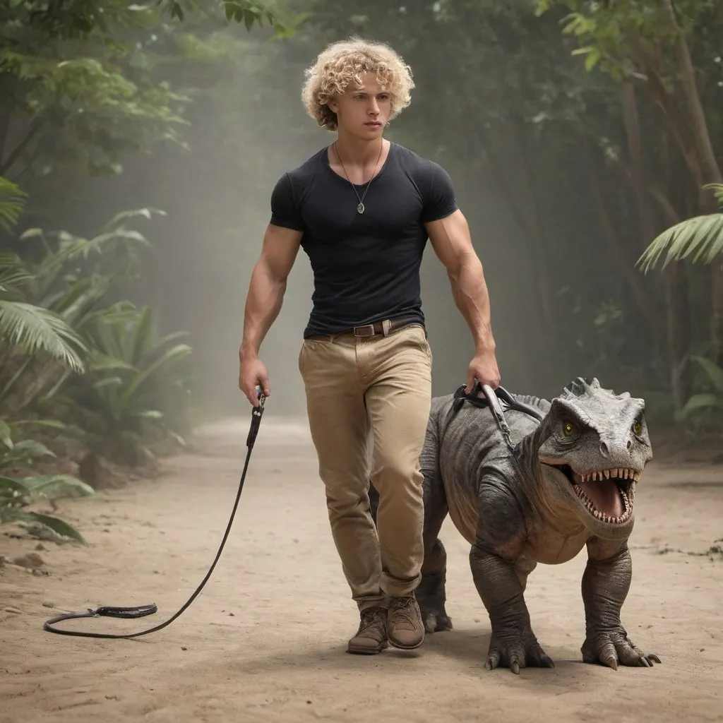 Prompt: action shot photorealistic side-view of a sultry blond curly haired muscular 16 year old man walking dinosaur leash

