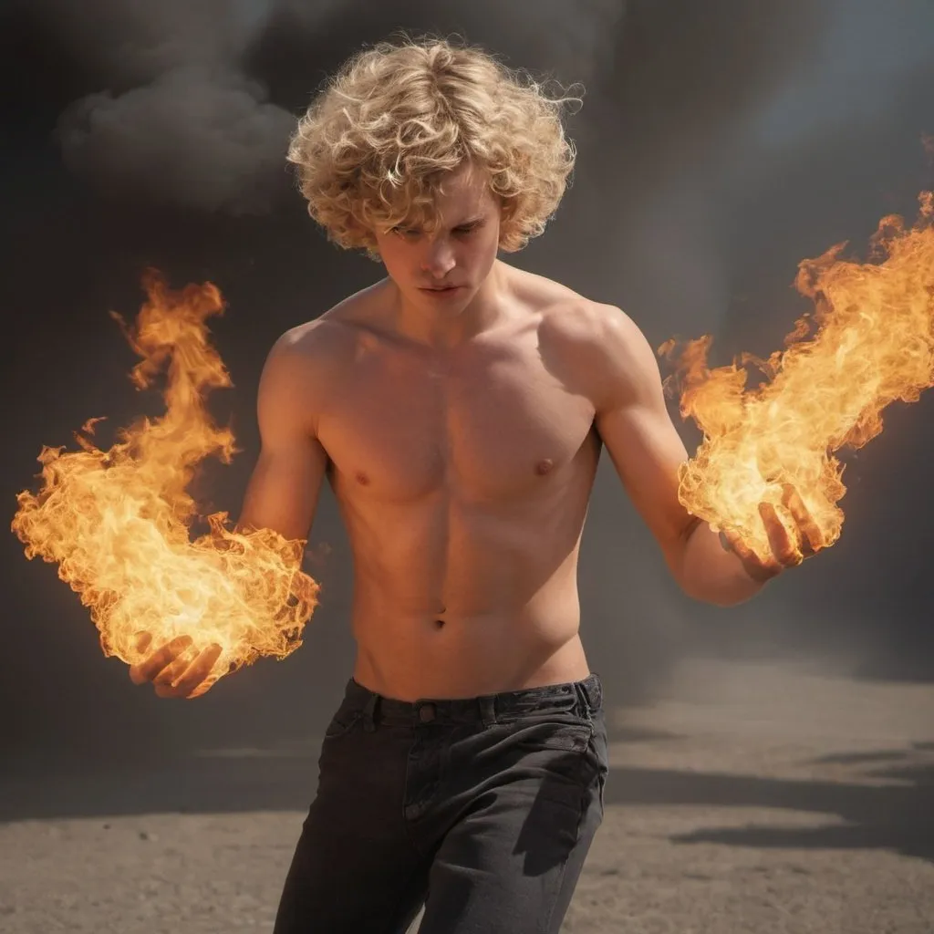 Prompt: photorealistic action shot of pyrokinetic; human on fire; flaming; burning; surrounding; flowing over; 18 year old boy; blond flaming curly hair; muscular; smoke; flame; burning 
