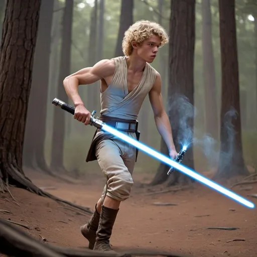 Prompt: action shot photorealistic side view of a blond curly haired bare chested  muscular 16 year old man blue light-saber star-wars woods walker droid speeder smoke fire desert

