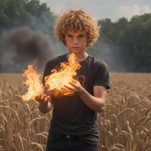 Prompt: photorealistic action shot of pyrokinetic; sweaty; human on fire; flaming; burning; surrounding; flowing over; 18 year old boy; blond flaming curly hair; smoke; muscular; smoke; throwing; holding; flame; burning; surrounding; fireball hands; smoke; wind; cornfield; field of view 
