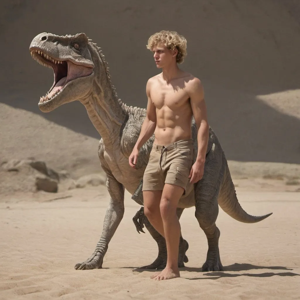 Prompt: action shot photorealistic side-view of a blond curly haired bare chested slim muscular 16 year old man walking tyranosaurus-rex leash 

