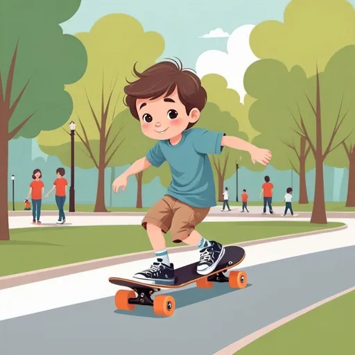 Prompt: cute little boy skateboarding in park, short sleeves, flat illustration, cartoon, vector illustration