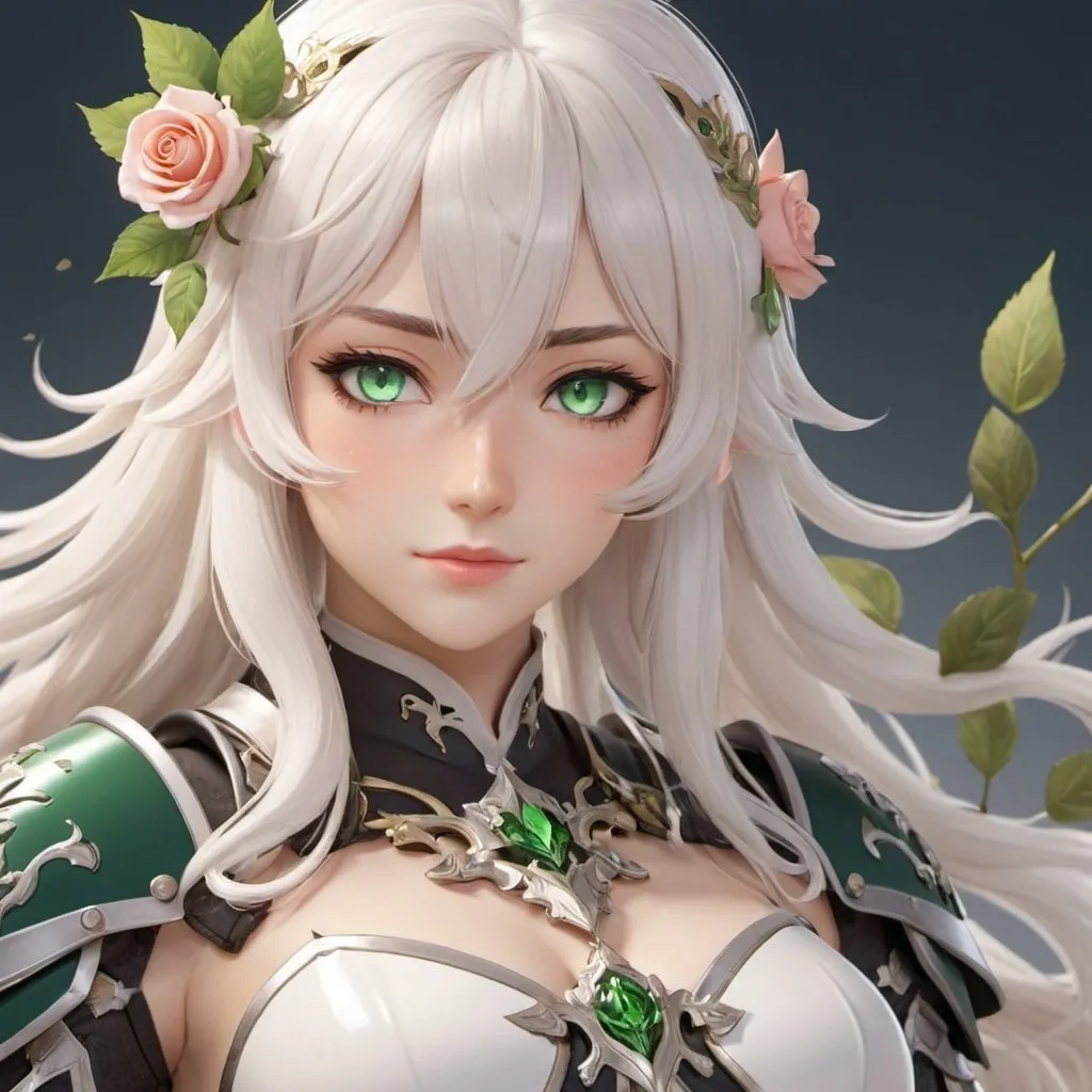 Prompt: best quality, masterpiece, professional, very detailed, detailed description, noëlle, the elegant character of Genshin Impact, with her white hair and green eyes, in servant knight armour. Her fringe gently frames her face, adorned with a delicate rose. 