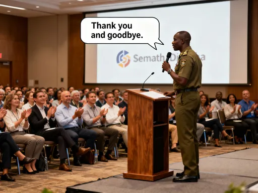 Prompt: Un homme noir nommé "Momath Diankha" en tenue d'officier vert olive se tenant sur un presidium devant une centaine de participants à un séminaire pour leur dire "Merci et au revoir"