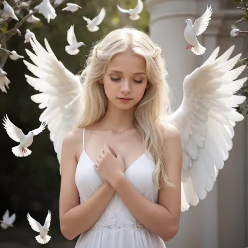 Prompt: beautiful angel girl with blonde hair, with white wings , white dress, with white doves in background