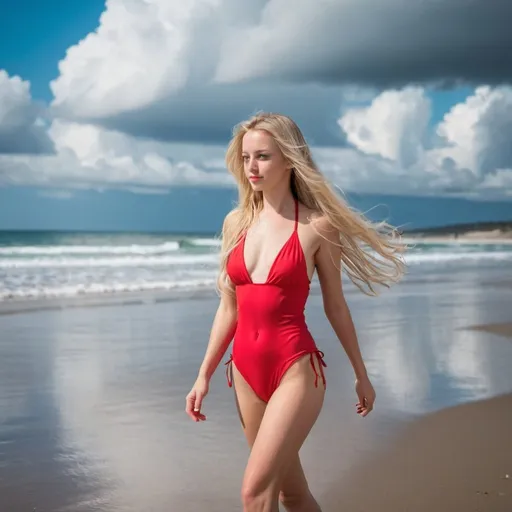 Prompt: beautiful girl walking on a ocean beach, long blonde hair, red bathing suit, blue ocean in background, with cloudy skies