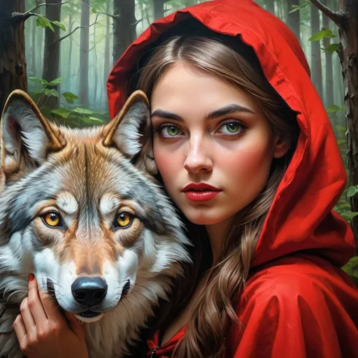 Prompt: Beautiful red riding hood girl in a forest, with a wolf behind her, oil painting, detailed facial features, enchanting atmosphere, vibrant colors, high quality, realistic, fairytale, vibrant reds and greens, dramatic lighting, detailed eyes, mysterious, traditional art style