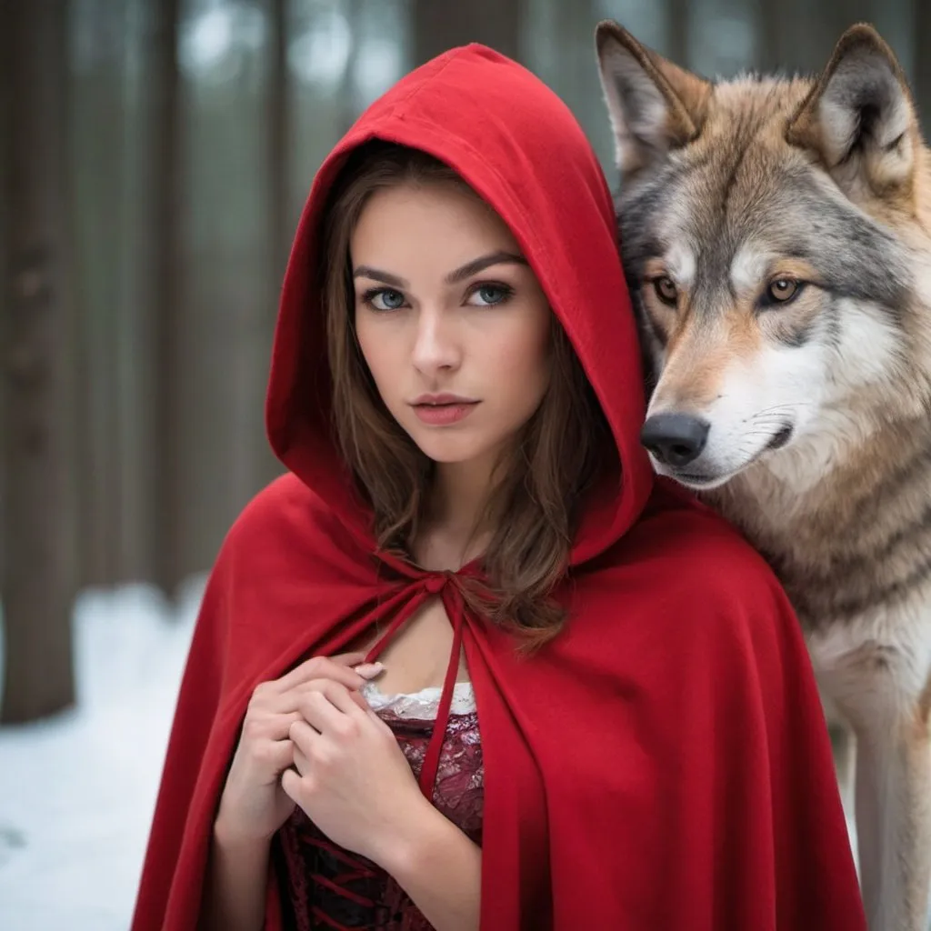 Prompt: BEAUTIFUL RED RIDING PORTRAIT, HOOD WITH CAPE, WITH WOLF IN BACKGROUND