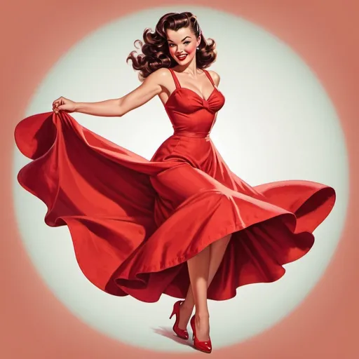 Prompt: Beautiful brunette pinup girl spinning, vintage red pin-up style dress, flowing brunette hair, vibrant and popping color palette, retro pin-up illustration, high quality, detailed, vintage, retro, pin-up, brunette, spinning dress, flowing hair, vibrant colors, classic style