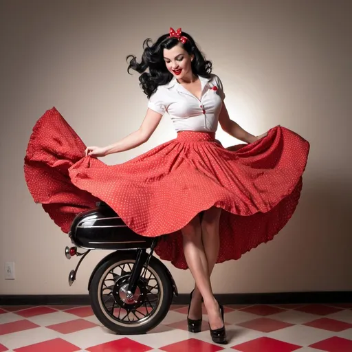Prompt: beautiful  pinup girl, long shaded black hair, long legs, red polka dotted skirt, as she is spinning