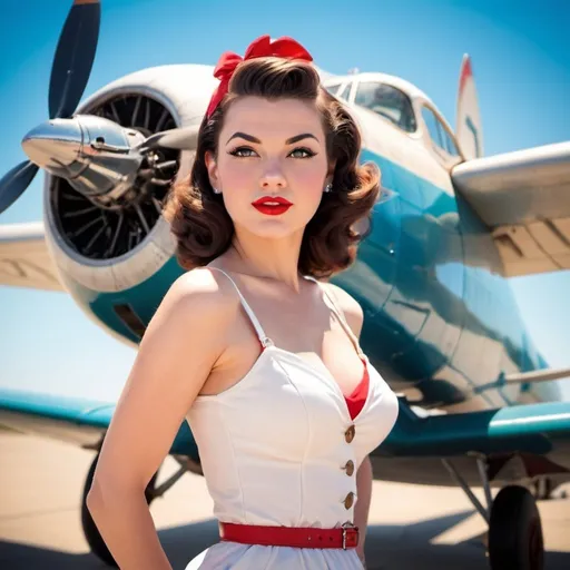 Prompt: beautiful pinup girl, vintage airplane in back