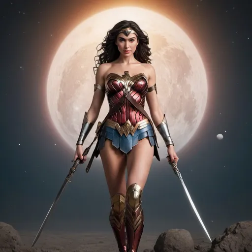 Prompt: beautiful wonder woman with  long legs
from front side, with 2 swords, solar system in background 