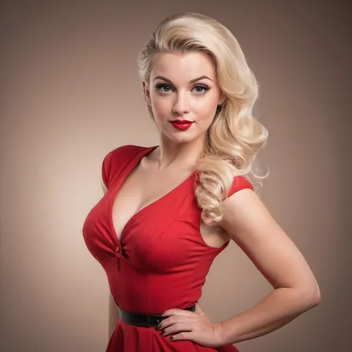 Prompt: beautiful pinup woman portrait, long blonde shaded  hair ,  red dress,