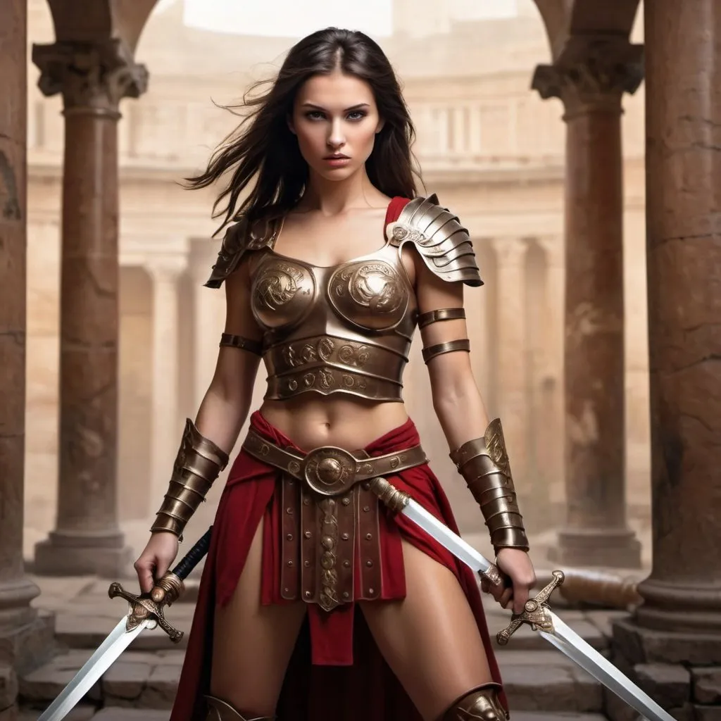 Prompt: beautiful  brunette warrior girl  with long legs, swords,  roman background