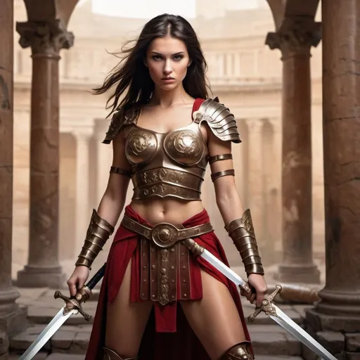 Prompt: beautiful  brunette warrior girl  with long legs, swords,  roman background