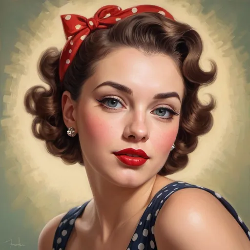 Prompt: Beautiful pin up girl portrait, oil painting, vibrant colors, retro hairstyle, red lipstick, vintage dress with polka dots, glamorous expression, classic pin up pose, high quality, detailed brushwork, vintage, vibrant colors, soft lighting