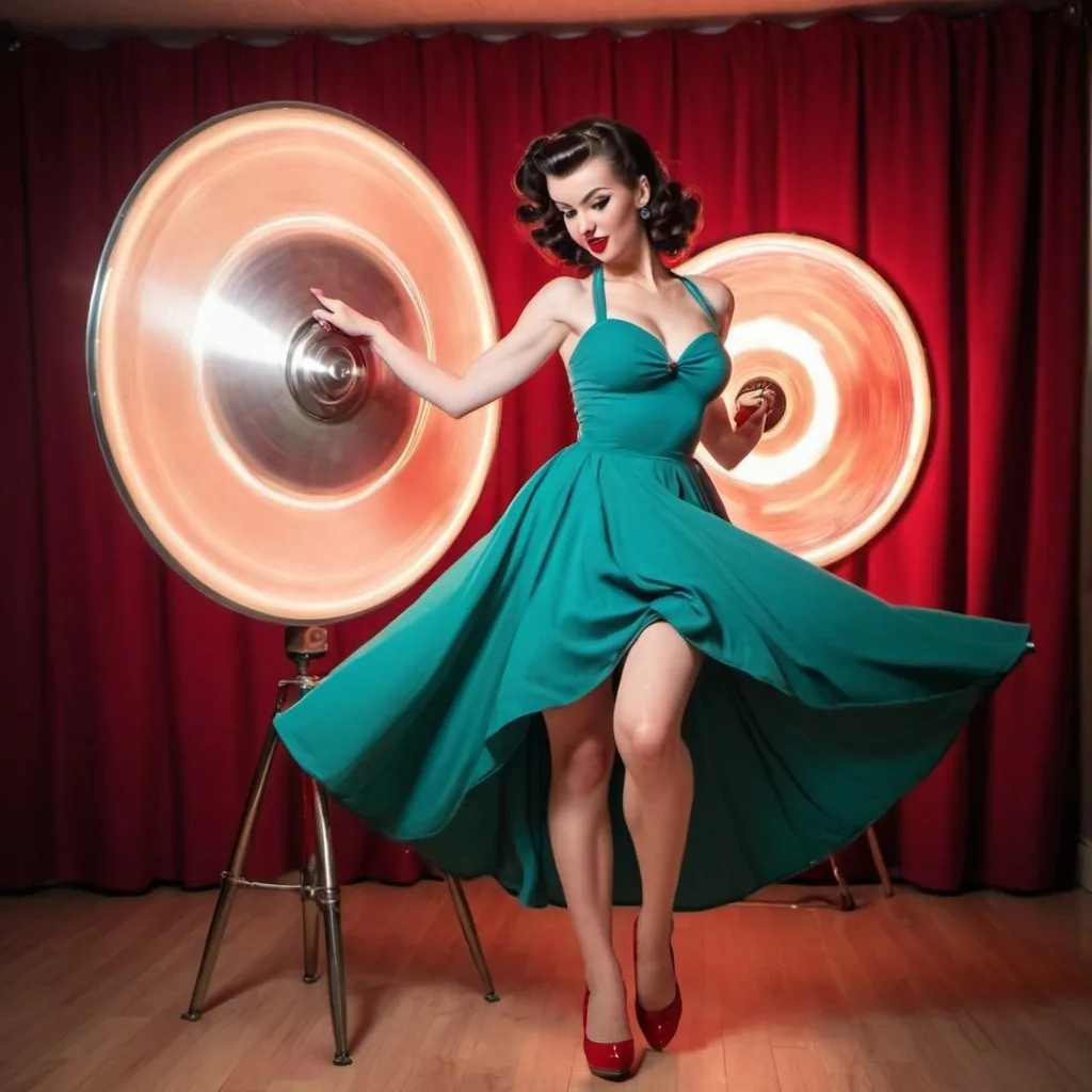 Prompt: beautiful brunette pinup, with long legs long dress flaring up while spinning, 