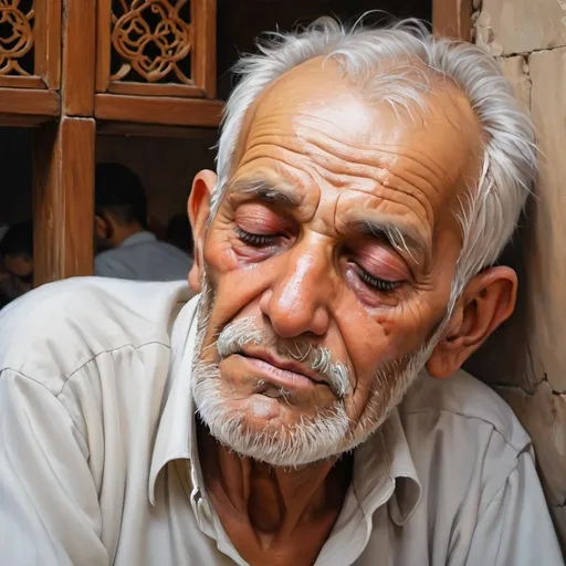 Prompt: Draw for me the blind old man who is sleeping in the mosque, but his eyes are beautifully painted