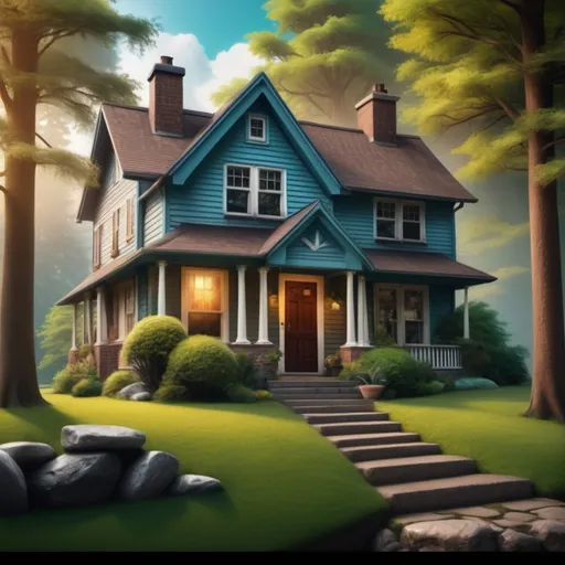 Prompt: a screenshot of a home page with a picture of a house and a tree on it, and the text create your first image, Bob Ross, photorealism, affinity photo, a screenshot