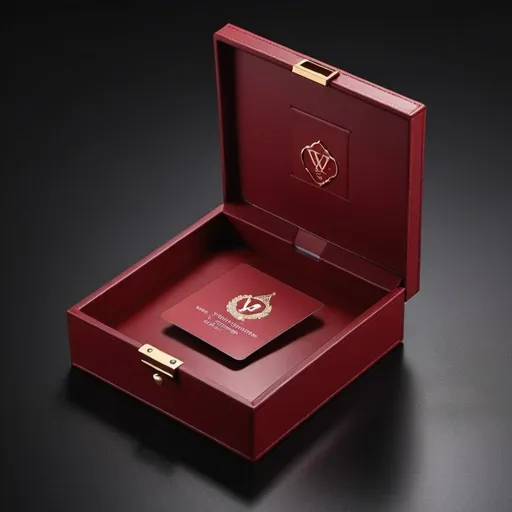 Prompt: dark red color vip membership card square leather open box 