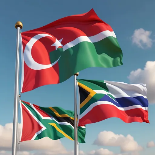 Prompt: Combine the Turkish and South African flags into one stylish flag, which represents unity in international trade. 4K HD image. 