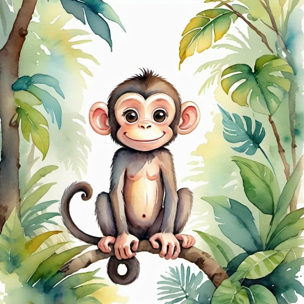 Prompt: Children artwork watercolor jungle monkey happy pastel colors cartoons facing sideward light colors
 
