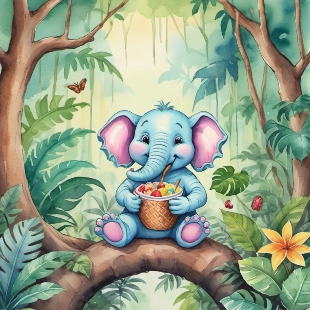 Prompt: Jiraph on watercolor cartoon pastel colors jungle theme similar to last creation happy little eating tree lifs in jungle trip a bit up and showing happiness