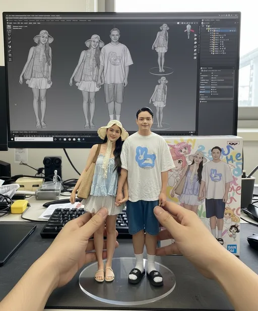 Prompt: there are two hands lifting the statue while turning it left and right after putting it back down