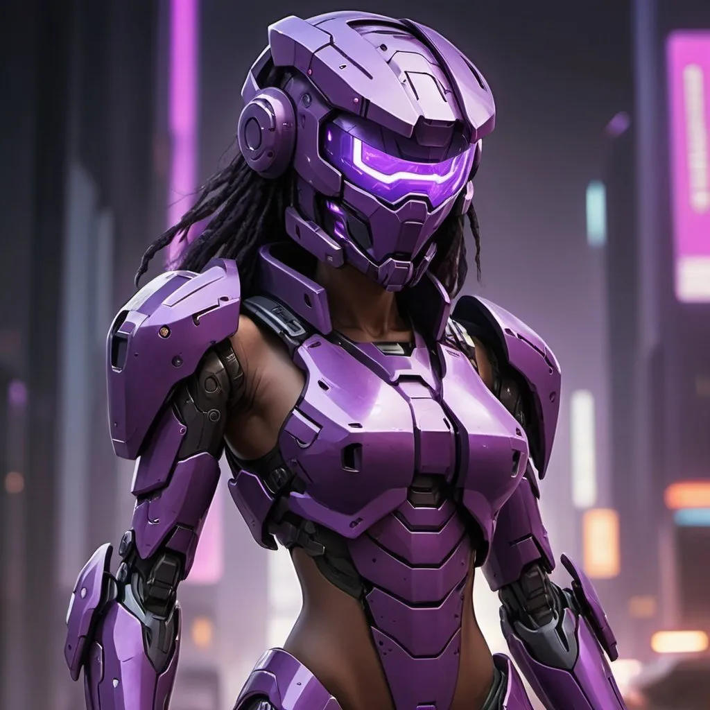 Prompt: Cyberpunk character art , female , dark skinned , dark hair in colored deadlocks , purple mecha body armor with helmet , full body picture , purple mecha armor covers whole body , purple mecha helmet covers face , purple glowing eyes , purple mecha helmet covers face like a mask 