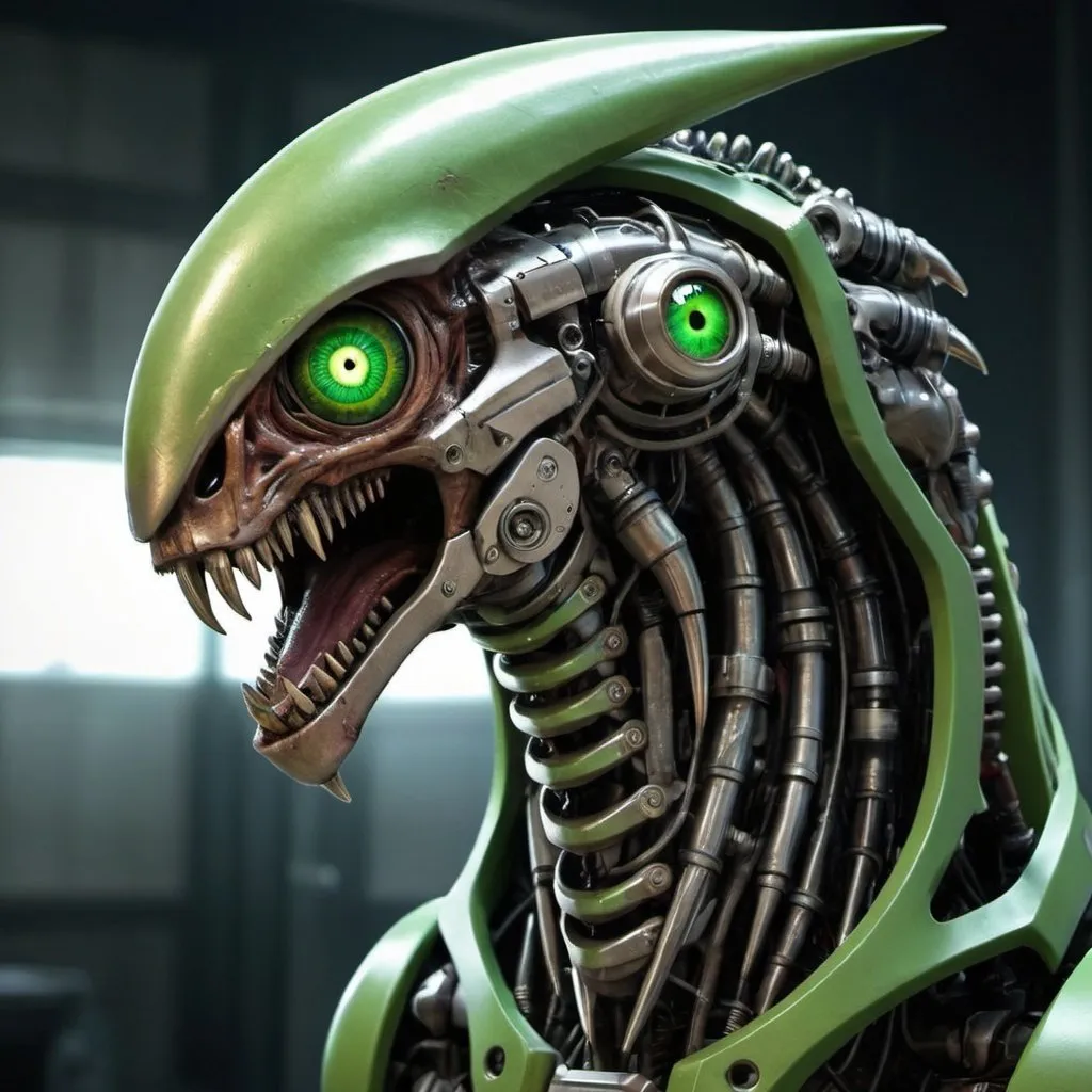 Prompt: mechanoid animal, beast, horror, scary, cybertech, biomechanical, hunter, single eye, sleek build, agile, long neck, big jaws, sharp teeth, alien green, cyclops eye, eye is in center of head. 