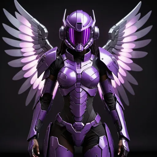 Prompt: Cyberpunk Valkyrie , female , Dark skinned , dark hair , glowing purple eyes , wearing purple mecha power armor with cyber tech like wings that connect to the center of her back that glow purple , cyberpunk mecha helmet with mask covering face , full body picture , make wings larger , connect wings to center of back , helmet covers entire face , wings connect to back of shoulders not the head , make armor smooth and reflective , large purple glowing gemstone in armor chest piece , make helmet more power armor shaped and enclosed , armor covers body , make the gem stone bigger and brighter , large purple glowing gemstone in the center of chest , base helmet design from star wars 