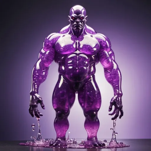 Prompt: a large mutant like ooze in the shape of a large humanoid, gelatinous, transparent , bright purple , body made from bright purple colored liquid soda that glitters, cute, large muscles, transparent humanoid