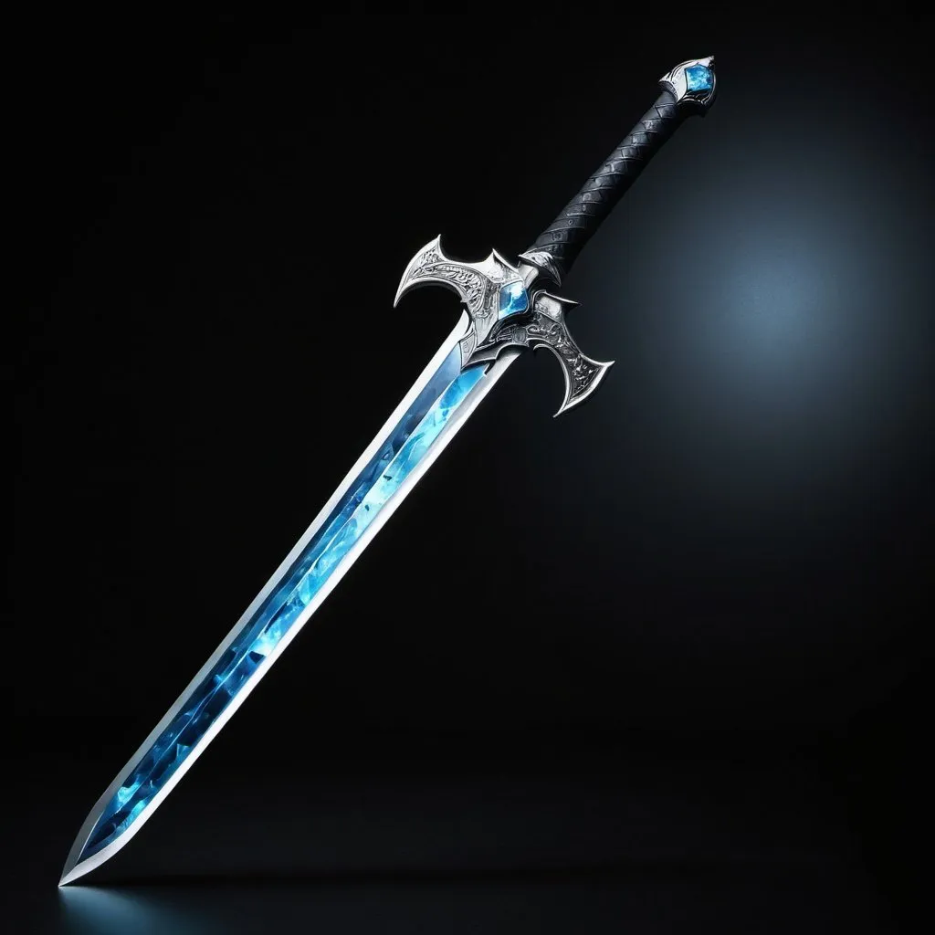 Prompt: Claymore sword made from ice , black background , picture is the whole sword , hilt of the sword is made from blue diamond 
