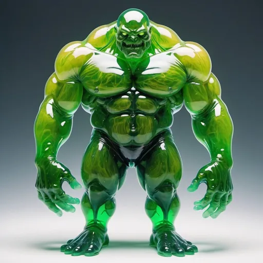Prompt: a large mutant like ooze in the shape of a large humanoid, gelatinous, transparent , bright green , body made from bright multi colored liquid, cute, large muscles.  