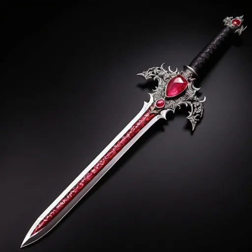 Prompt: Claymore sword made from red ruby , black background , picture is the whole sword , hilt of the sword is made from red gemstone
