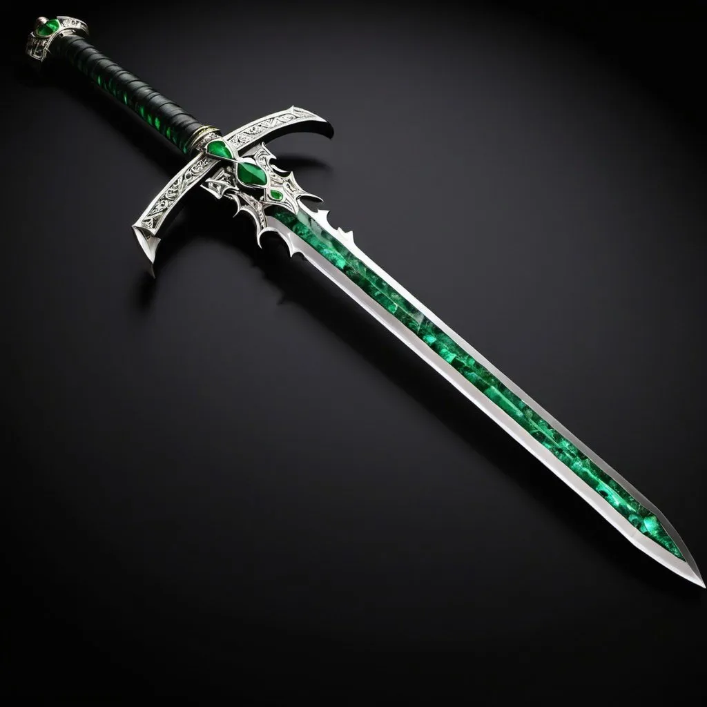 Prompt: Claymore sword made from green emerald , black background , picture is the whole sword , hilt of the sword is made from green gemstone
