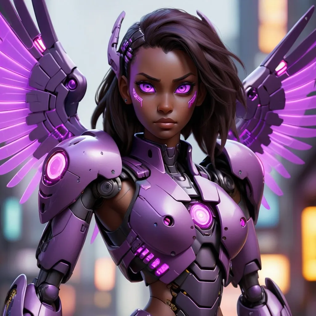 Prompt: Cyberpunk character art , female , Dark skinned , dark hair , glowing purple eyes , wearing purple mecha power armor with cyber tech bone like wings that glow purple 