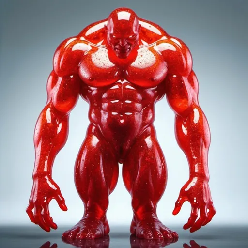 Prompt: a large mutant like ooze in the shape of a large humanoid, gelatinous, transparent , bright red , body made from bright red colored liquid that glitters, cute, large muscles, transparent humanoid