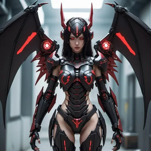 Prompt: female, cyberpunk necromancer, wearing black and red mecha armor , huge bat like mecha tech wings connected to back of shoulder, dark hair , pale skin , glowing red eyes , armor covers all skin , no skin is showing
