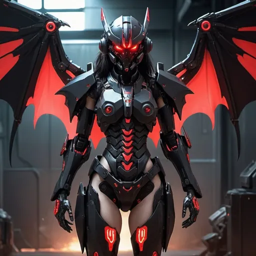 Prompt: female, cyberpunk necromancer, wearing black and red mecha armor , huge bat like mecha tech wings connected to back of shoulder, dark hair , pale skin , glowing red eyes , armor covers all skin , no skin is showing , sci fi power armor , combat helmet with face guard , full body portrait , make wings huge , show whole picture 