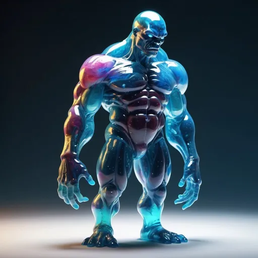 Prompt: a large mutant like ooze in the shape of a large humanoid, gelatinous, transparent , bright blue , body made from bright multi colored liquid, cute, large muscles.  