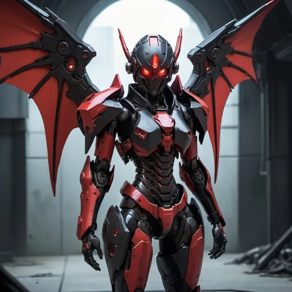 Prompt: female, cyberpunk necromancer, wearing black and red mecha armor , huge bat like mecha tech wings connected to back of shoulder, dark hair , pale skin , glowing red eyes , armor covers all skin , no skin is showing , sci fi power armor , combat helmet with face guard , full body portrait , make wings huge 