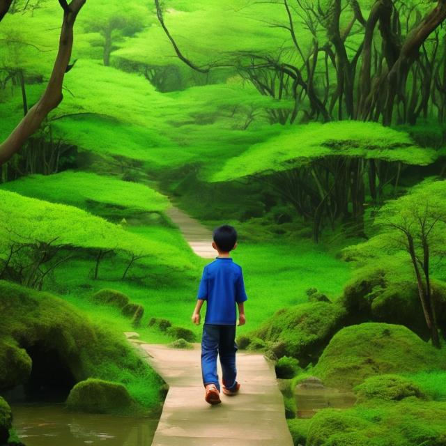 Prompt: a boy is taking a walk in green forest