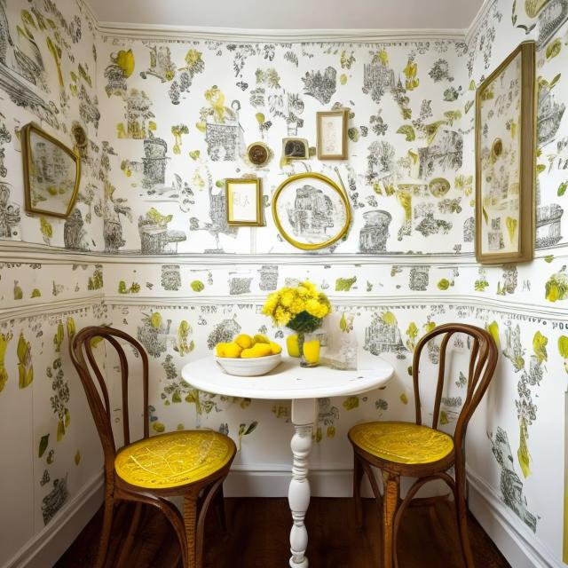 Prompt: Create a small victorian kitchen dinning area with larger white wallpaper with lemons printed in the wallpaper in the style of Vincent van ghoth