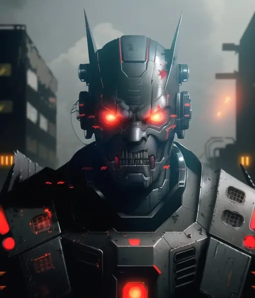 Prompt: Massive black robot in cyberpunk attire, angry expression with red glowing eyes, ripped jaw replaced with robo jaw, sharp teeth, abandoned robot factory, urban cyberpunk setting, industrial machinery in the background, angry and intense gaze, high-tech robotic attire, abandoned setting, anime, cyberpunk, red glowing eyes, sharp teeth, angry expression, urban, industrial, detailed, atmospheric lighting