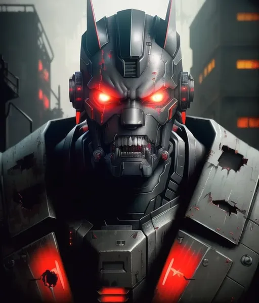 Prompt: Massive black robot in cyberpunk attire, angry expression with red glowing eyes, ripped jaw replaced with robo jaw, sharp teeth, abandoned robot factory, urban cyberpunk setting, industrial machinery in the background, angry and intense gaze, high-tech robotic attire, abandoned setting, anime, cyberpunk, red glowing eyes, sharp teeth, angry expression, urban, industrial, detailed, atmospheric lighting